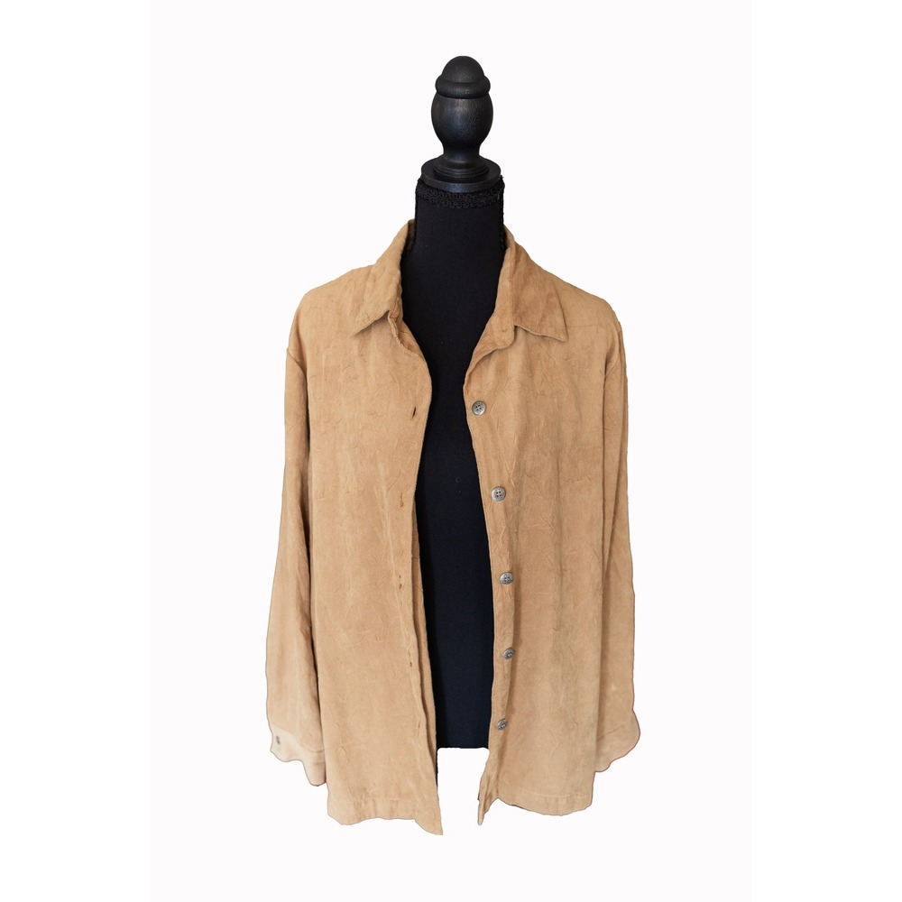 Erin London Tan Crinkle Faux Suede Button Down Shirt Large Camel Long Sleeve